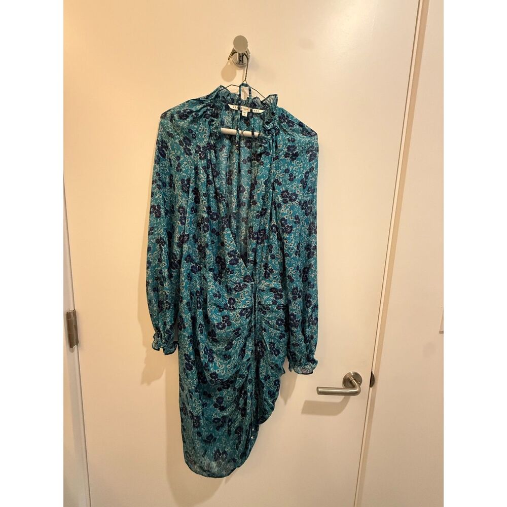 Veronica Beard Teal Navy Floral Chiffon Long Sleeve Midi Dress 4 - Picture 6 of 12